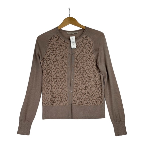 Ann Taylor LOFT Small Petite Beige Wool Blend‎ Cardigan Lace Front Long Sleeve - Picture 1 of 5